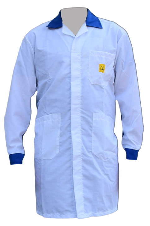 ESD-Mantel lang, weiss mit royalblauen Kontrasteinsätzen (Kragen und Ärmeln) und Doppelkragen