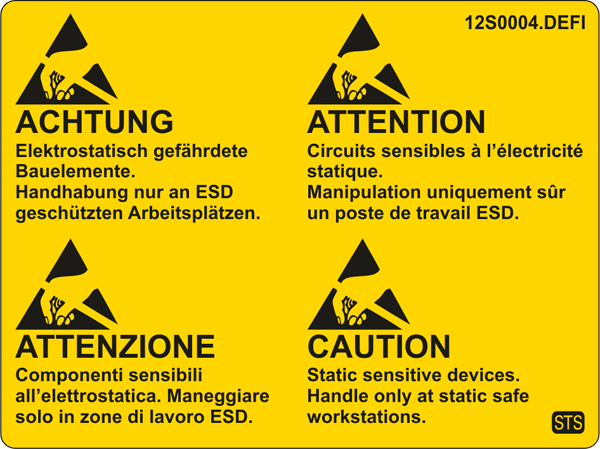 Etiquettes d'avertissement ESD, quatre langues (D/E/F/I), 80x60mm